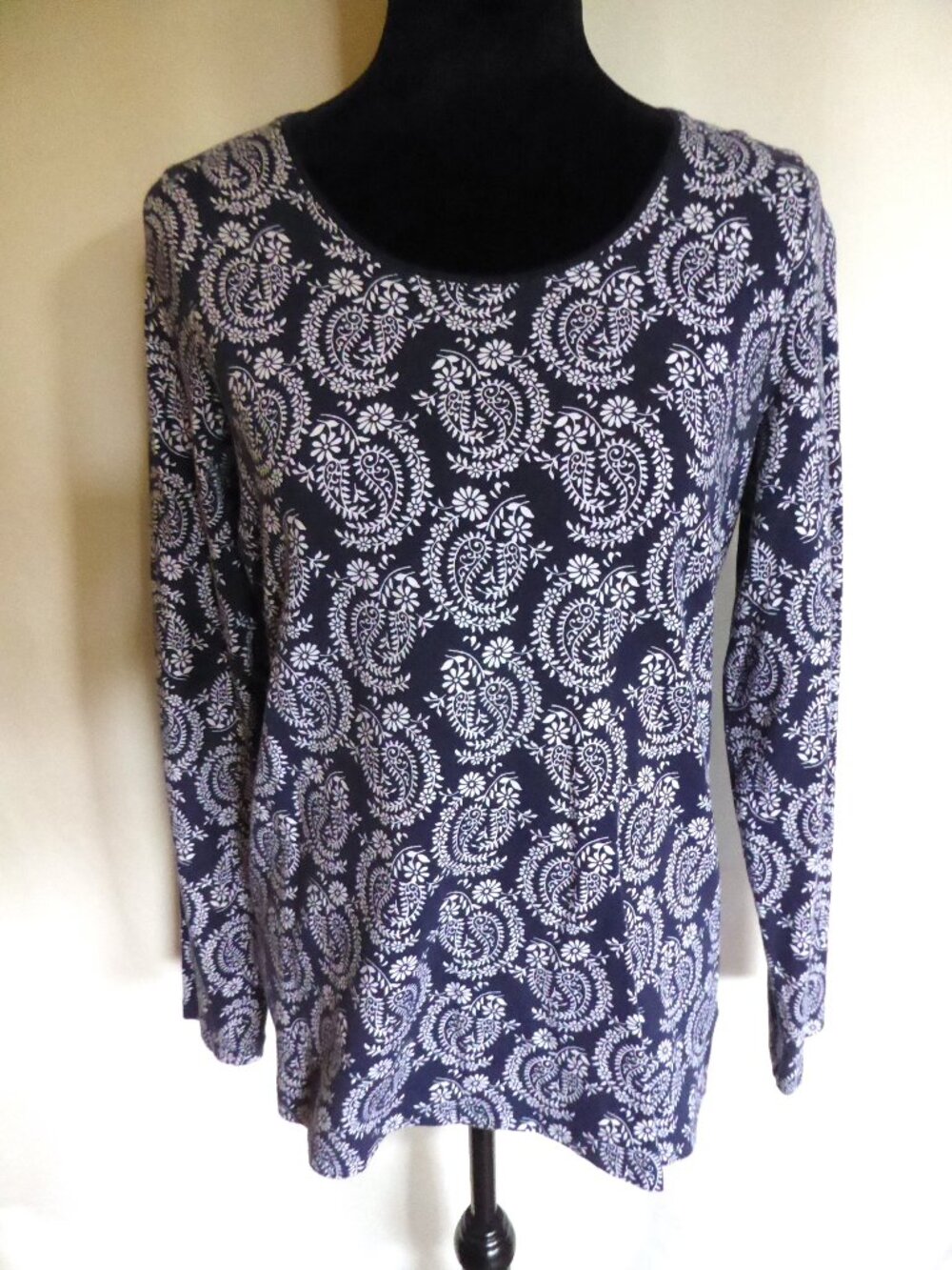 KIM ROGERS BRAND WOMENS NAVY BLUE WHITE PAISLEY LONG SLEEVE SHIRT MEDIUM